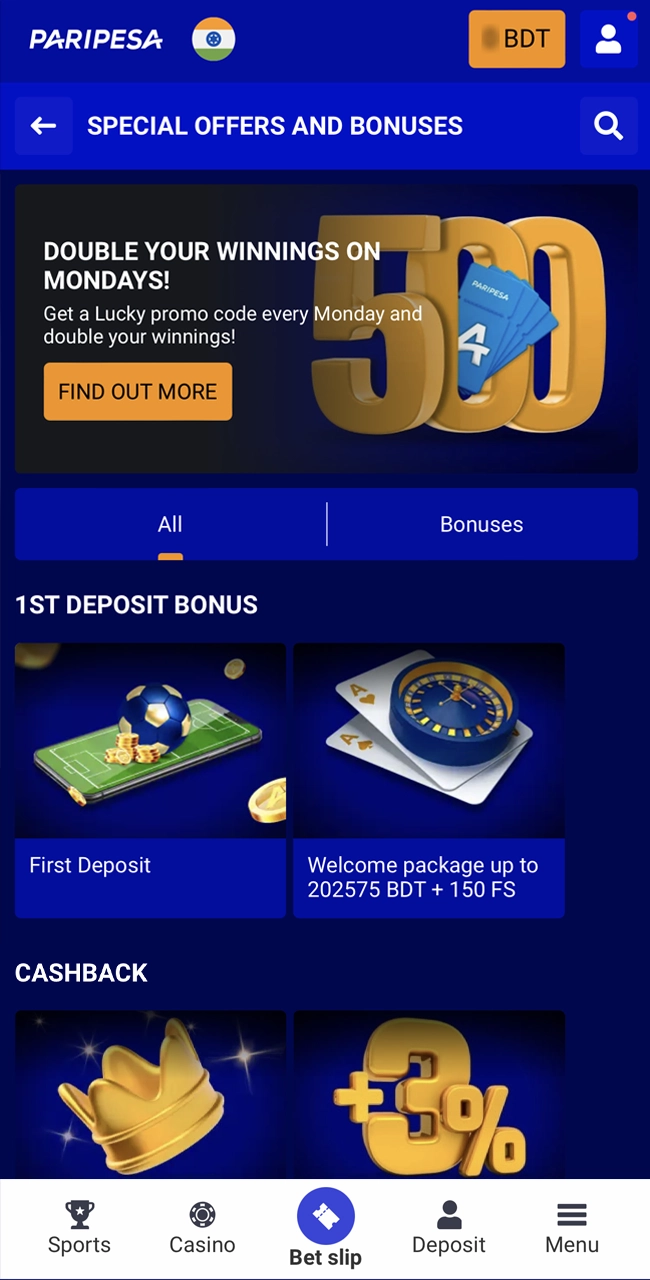 Go to the PariPesa bonus section.