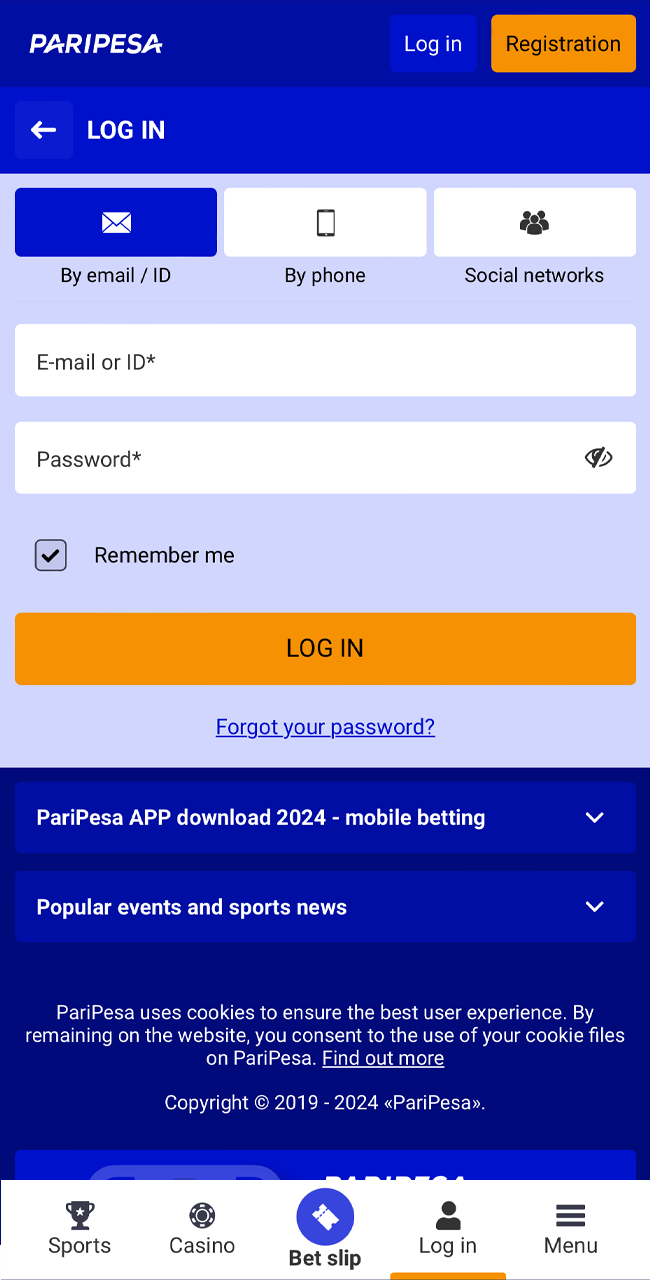 Log in to your account or register on PariPesa.