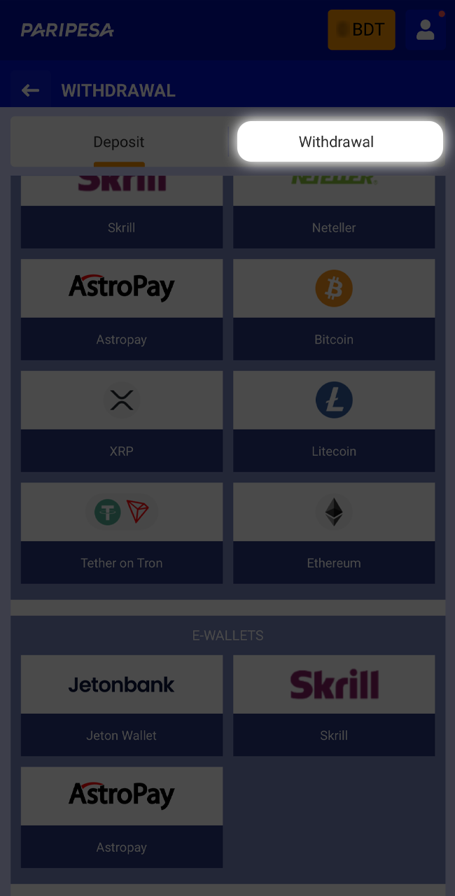 Click on the PariPesa withdrawal button.