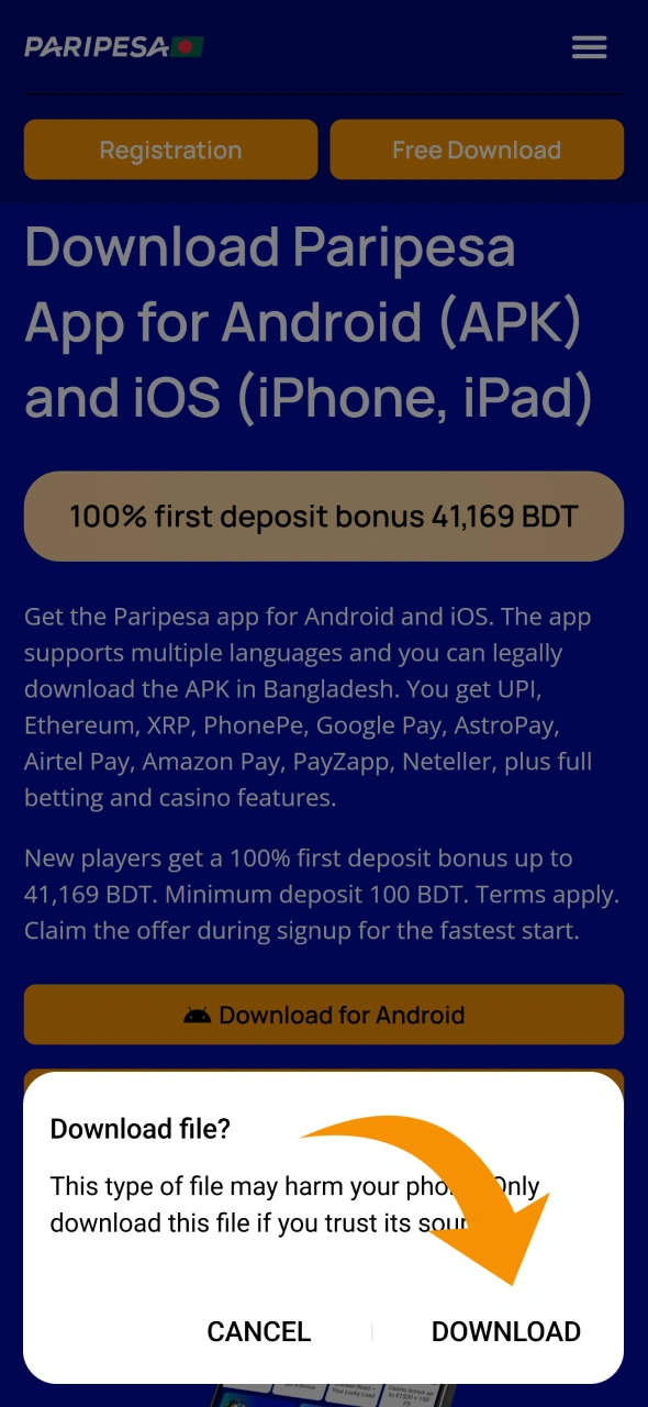Click download to get Paripesa android app.