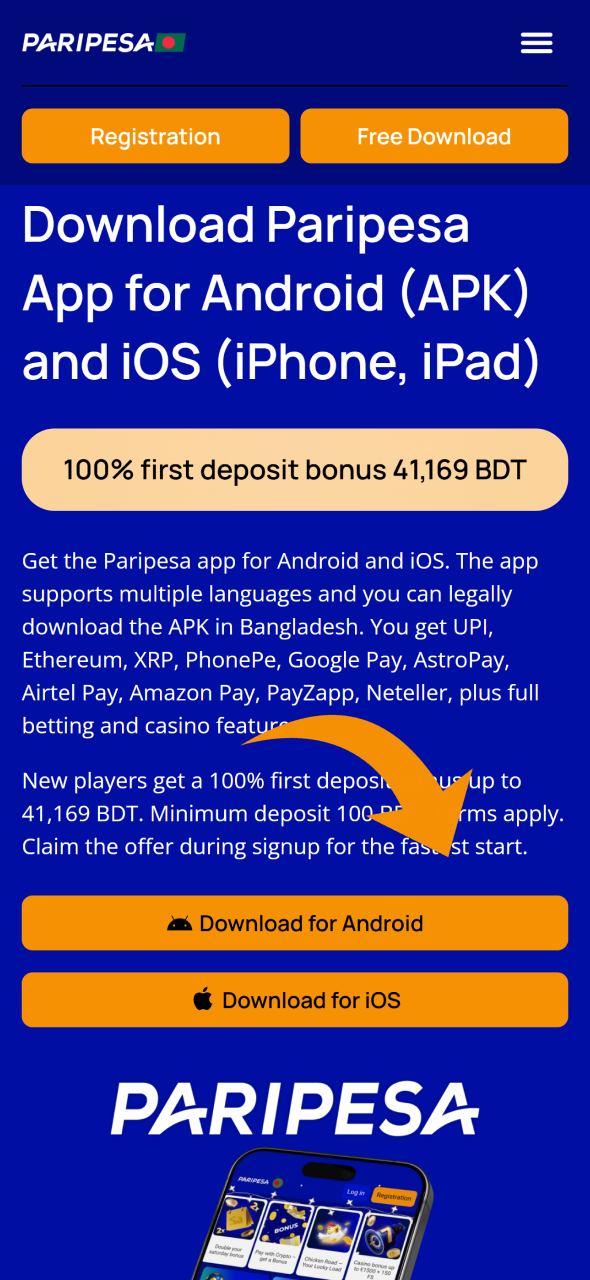 Go to top of this page or click button here to get Paripesa android app.