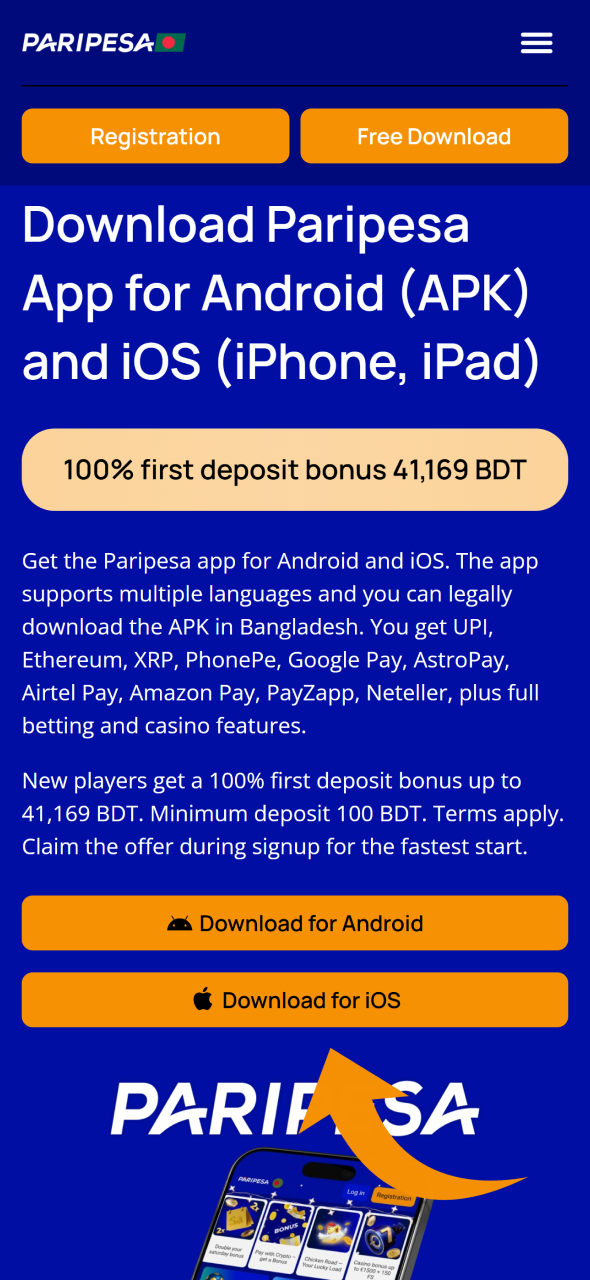 Press button on this site to get Paripesa iOS app.