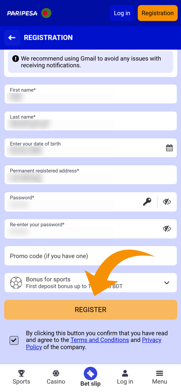 Check your input info and finish registering at Paripesa.