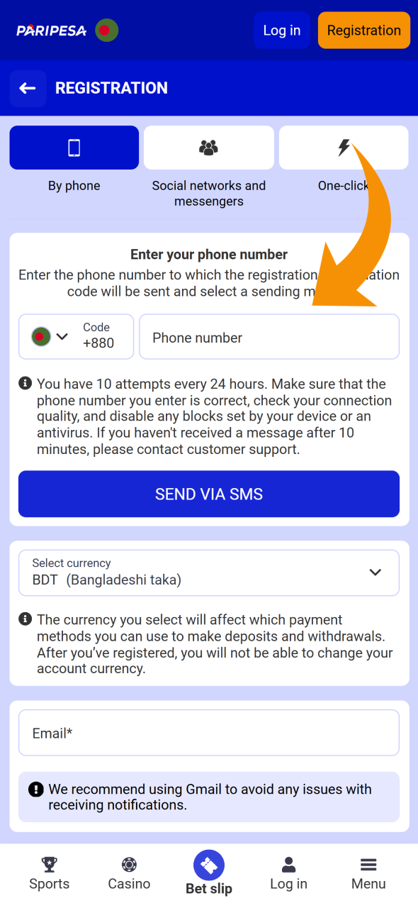 Choose registration method and fill all the fields to create Paripesa account.