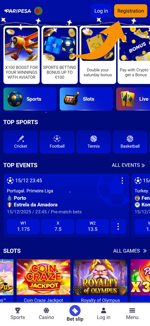 Click on Registration button at the top of Paripesa app.