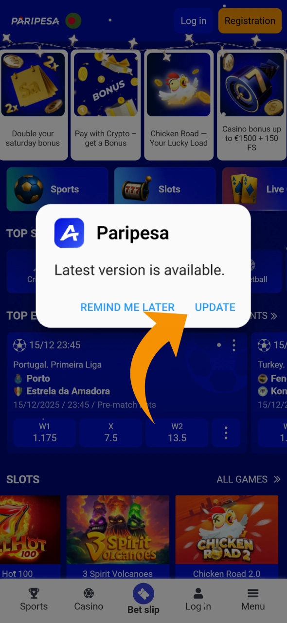 Update Paripesa app by clicking this button.