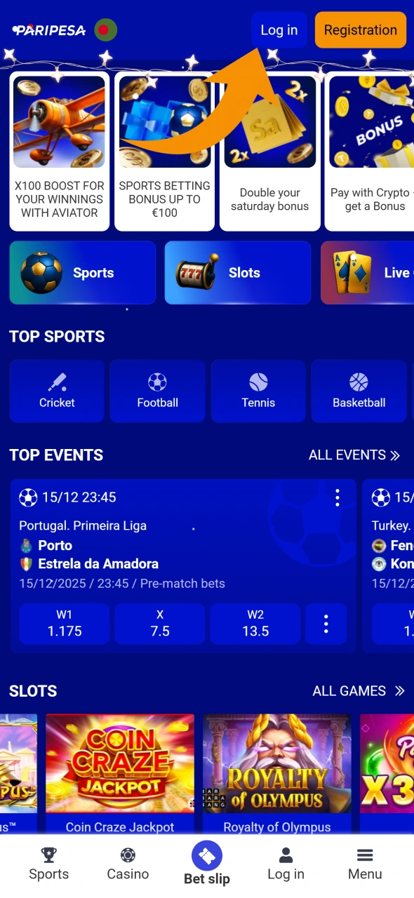 Find login button at Paripesa.