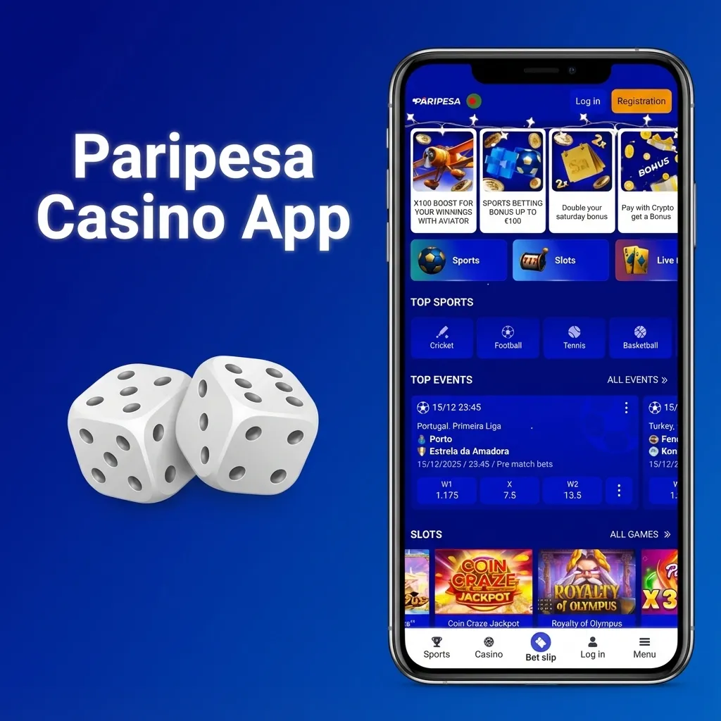 Paripesa Casino app interface showing slots, table games, live dealers, and a balance bar with easy navigation tabs