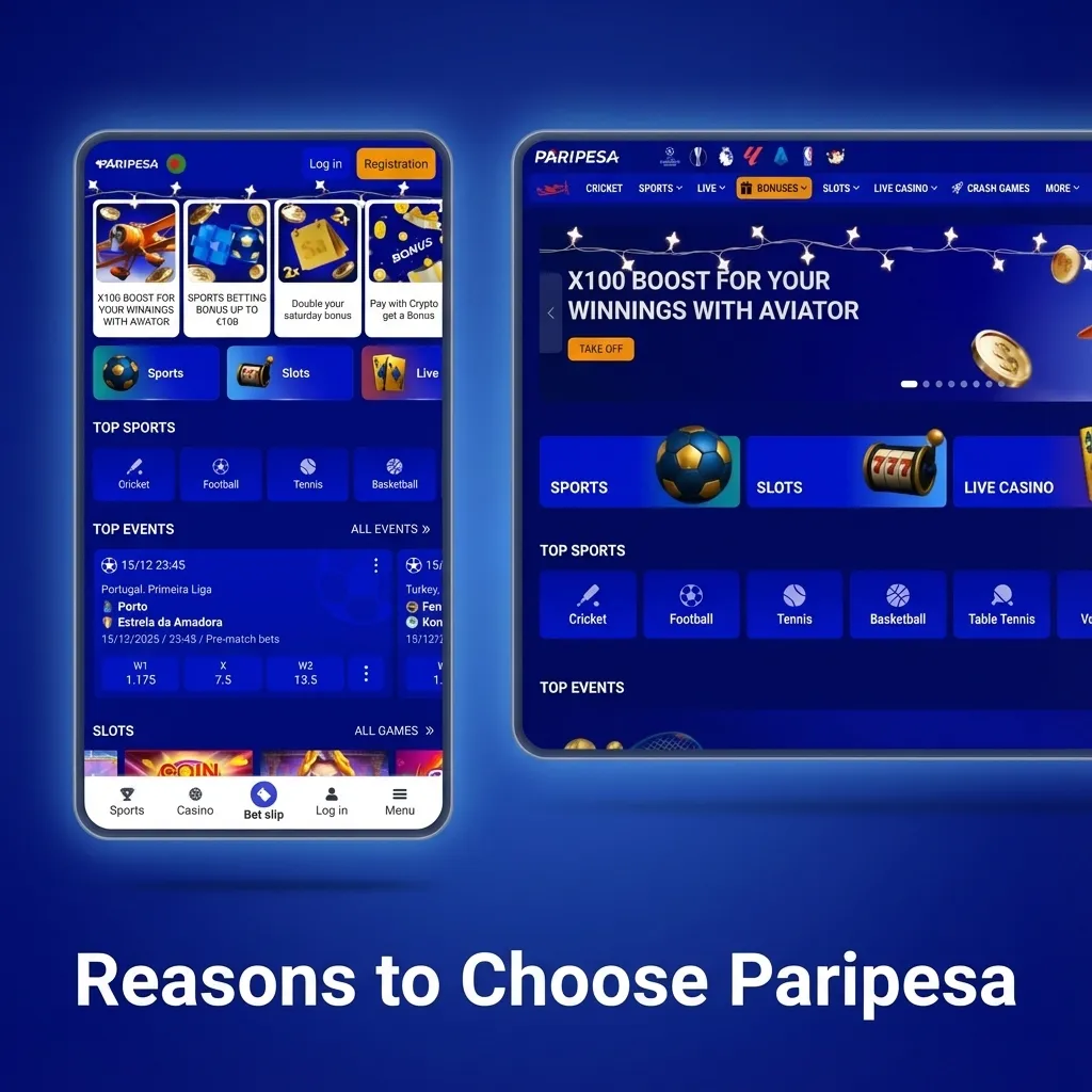 Infographic titled “Reasons to Choose Paripesa” listing betting perks like competitive odds, fast BDT payouts, and 24/7 Bangla support
