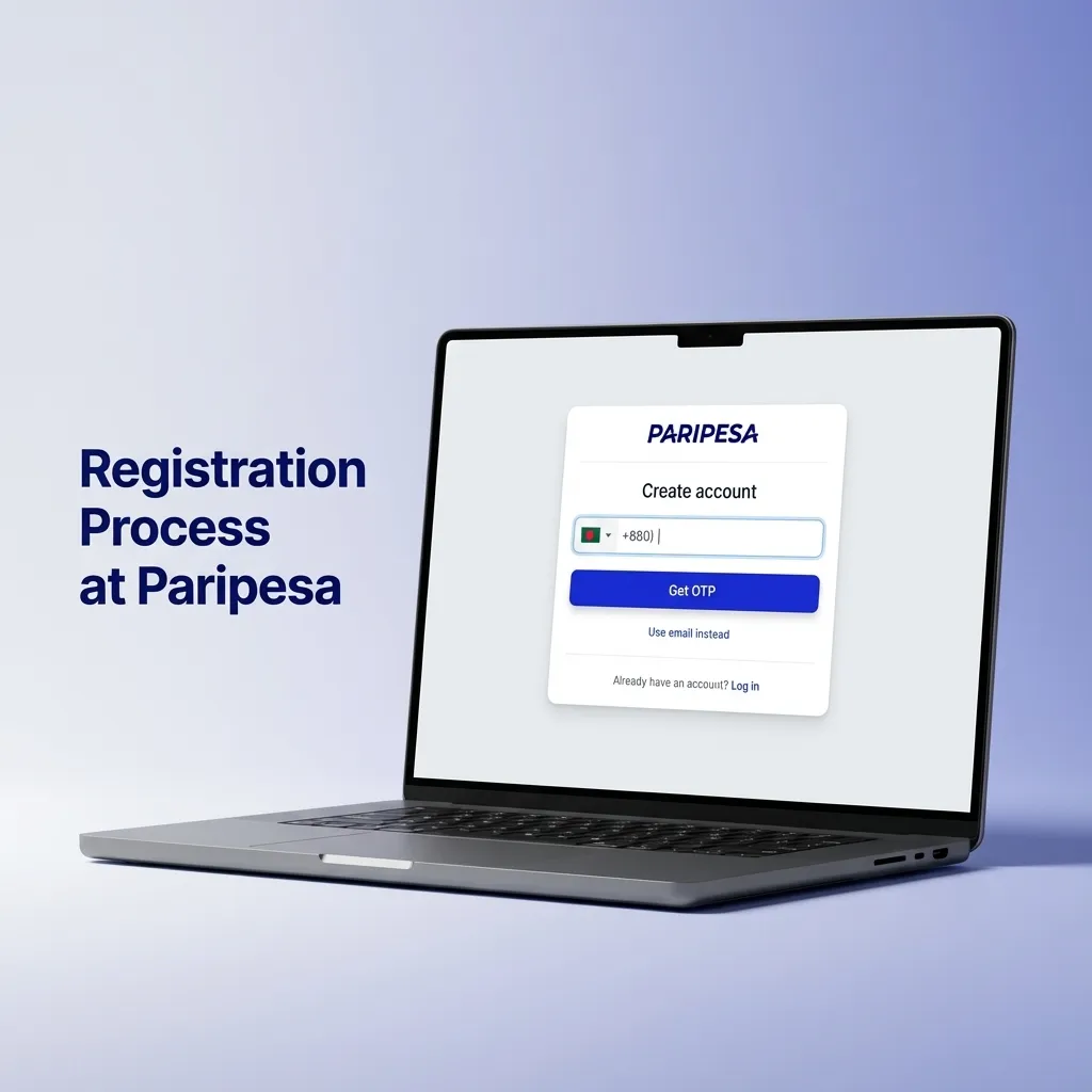 Illustration of Paripesa signup steps showing method selection, form fields, bonus offer, and quick account activation.
